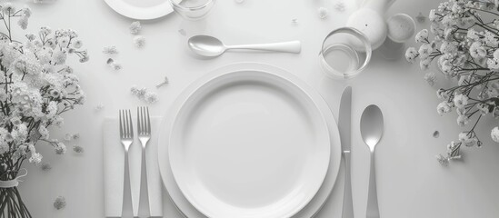 Poster - Beautifully arranged table setting on a light background top view. Copy space image. Place for adding text and design