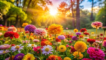 A beautiful close-up shot of vibrant flowers in a sunlit field with trees in the background