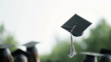 A graduation party with caps thrown in the air, celebrating achievements