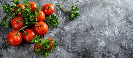 Poster - Food background featuring organic tomatoes with parsley on a gray concrete surface Top view copy space Flat lay arrangement