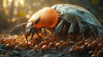 Wall Mural - A large insect interacting with a swarm of smaller ants.