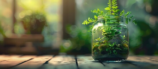 Wall Mural - Blurred abstract background featuring remarkable green plants in a jar with a self sustaining ecosystem on a table. Copy space image. Place for adding text and design