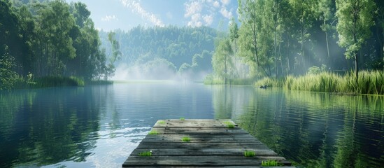 Canvas Print - Pier river and forest Gorgeous summer greenery Summer backdrop Relaxing by the forest lake Perspective from the shore of the fishing lake during the early morning Space for text. Copy space image