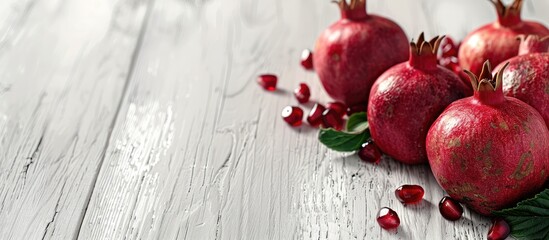 Poster - pomegranates on a white wooden surface. Copy space image. Place for adding text and design