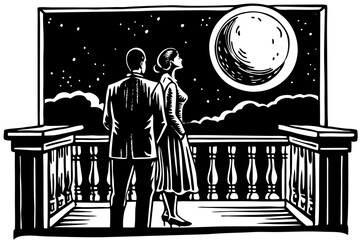 Two people are standing on the balcony looking at the moon vector illustration