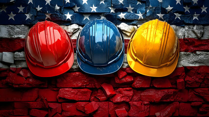 Wall Mural - Three hard hats in red, blue, and yellow against a brick wall.