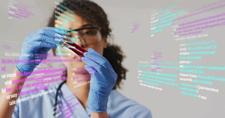 Poster - Holding test tube, scientist analyzing data with code animation overlaid