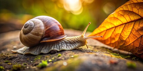 close-up shot of a snail perched on a rock with a leaf on the ground below it