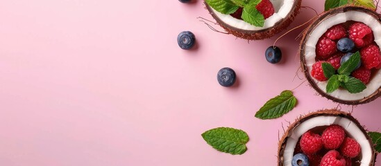 Poster - Fresh organic berries and mint leaves inside ripe coconuts on a pink background with copy space Top View Pop art design imaginative summer concept Half of coconut positioned in a minimal flat lay sty