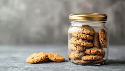 Wall Mural - Glass Jar Filled with Chocolate Chip Cookies on a Grey Surface