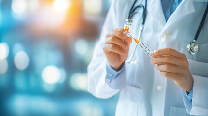 A doctor is holding a needle and a vial of medicine. This represents healthcare and medical treatment.