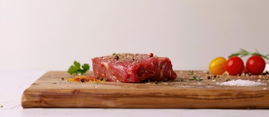 Poster - Raw beef steak seasoned with spices and ingredients for cooking on a wooden cutting board against a white background. Copy space image. Place for adding text and design