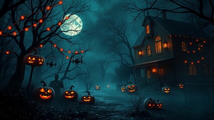 Canvas Print - Spooky Halloween night with a haunted house and jack-o-lanterns.