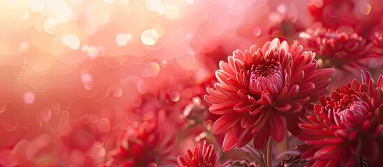 Canvas Print - Flower banner design featuring beautiful red flowers fading into the distance Space for text Greeting background with chrysanthemum flowers Blurred backdrop. Copy space image