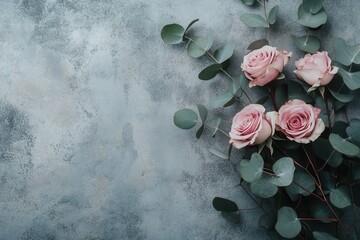 Aufkleber - A stylish arrangement of pink roses and eucalyptus leaves rests against a textured concrete background, creating an elegant display. Generative AI