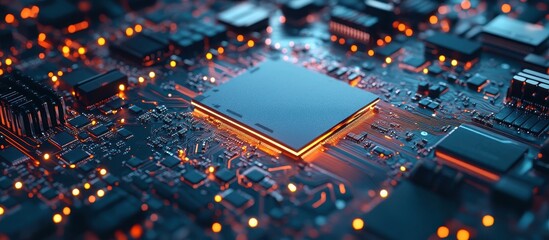 Wall Mural - Close-up of a Modern Microchip on a Circuit Board with Glowing Orange Lights and Detailed Components