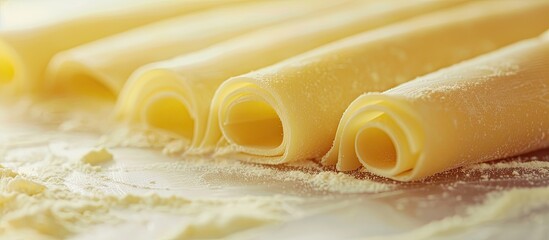 Canvas Print - The process of creating pasta Fresh cannelloni pasta on a light table in close up with copyspace