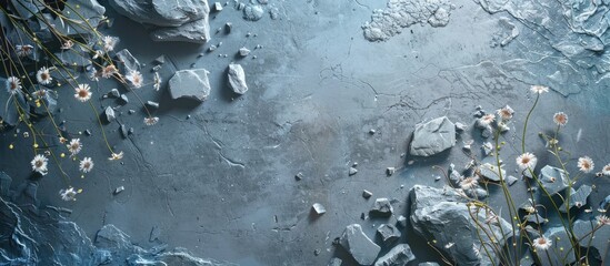 Poster - gray limestone pieces on a blue background with flowers. copy space image. place for adding text and