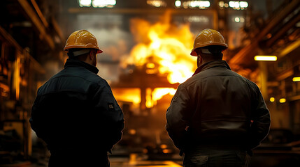 Poster - Two workers observing a fiery industrial scene.