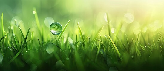 Poster - water droplet on fresh morning grass. Copy space image. Place for adding text and design