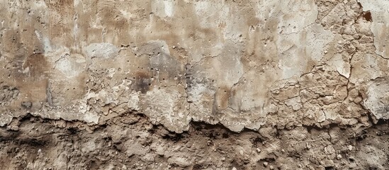 Mud plaster stone wall background texture Dry gray brown empty soil ground floor structure blank aged worn surface for backdrop Banner copyspace