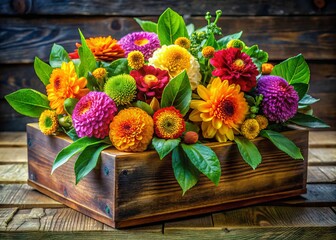 A photo image of a bouquet of brightly colored flor de mayo flowers with deep green verdolaga leaves arranged artfully in a vintage wooden box.