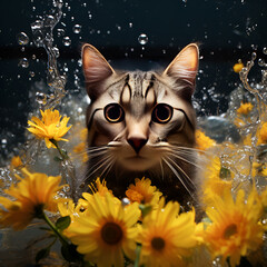 a cat swimming with yellow flowers, AI Generated