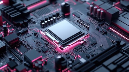 Wall Mural - Close-up of a Modern Computer Microchip on a Circuit Board with Pink Neon Lighting