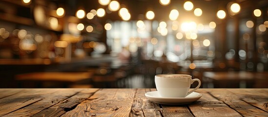 Poster - Selected focus on an empty brown wooden table with a blurred coffee shop background featuring bokeh suitable for product display montage. Copy space image. Place for adding text and design