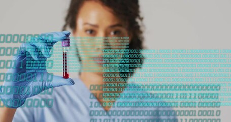 Poster - Holding blood sample, healthcare worker with binary code animation over