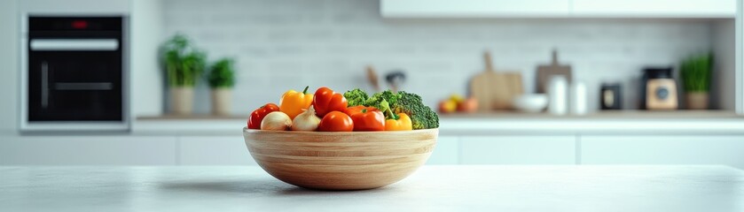 Wall Mural - Fresh Vegetables in Wooden Bowl on Modern Kitchen Counter with White Cabinets and Green Plants