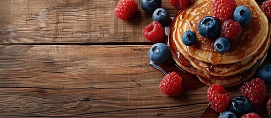 Poster - Pancakes topped with raspberries blueberries and maple syrup placed on an oak wooden table. Copy space image. Place for adding text and design