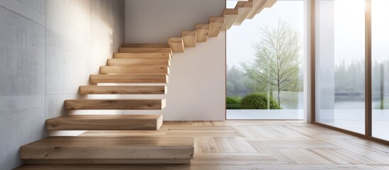 Sticker - Wooden staircase in a modern open area. Copy space image. Place for adding text and design