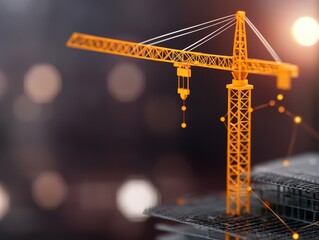 Sticker - construction crane with network lights and digital connectivity lines for construction, architecture, and technology concepts.