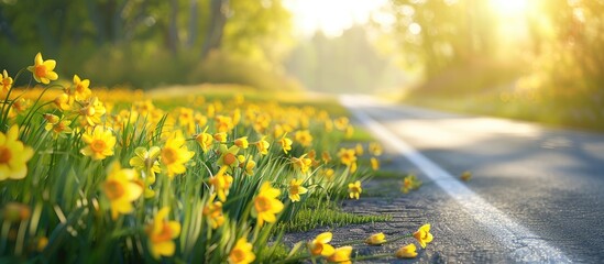 Poster - Lovely yellow flowers lining the road. Copy space image. Place for adding text and design