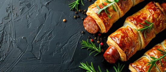 Poster - Pigs in a Blanket wrapped in puff pastry with sausage Black backdrop Top view. Copy space image. Place for adding text and design