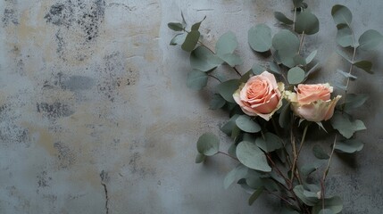 Sticker - A stylish bouquet combines delicate roses and fresh eucalyptus leaves set against a textured concrete backdrop, perfect for decor. Generative AI