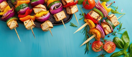 Vegan kebabs made of vegetables and smoked tofu are on a baking sheet prepared for oven baking against a blue background. Copy space image. Place for adding text and design