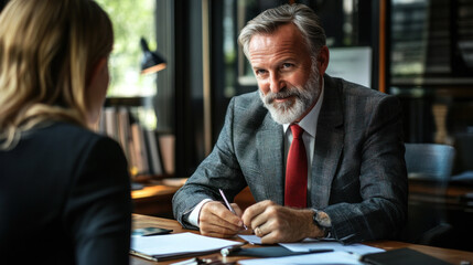 A man and a woman are sitting at a desk with a man wearing a suit and tie. The man is writing on a piece of paper while the woman looks on. The scene suggests a professional or business meeting