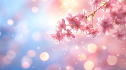 Naklejka na meble Cherry blossoms in full bloom, detailed petals against a dreamy, abstract bokeh background, digital painting, ethereal pastel hues, gentle gradients, serene atmosphere.