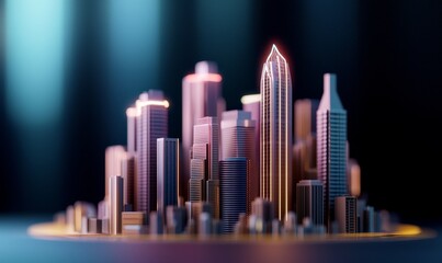 Poster - 3d visualization of a futuristic smart city at night with illuminated buildings and a network of connections.