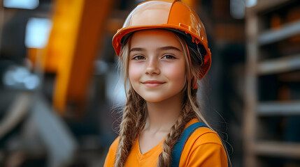 Poster - Young girl in a safety helmet, smiling in an industrial setting.