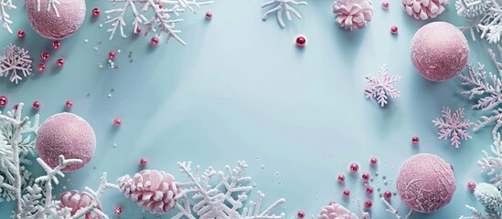 Poster - Christmas arrangement A frame of pink balls and white snowflakes on a pastel blue background Christmas winter New Year theme Flat lay top view copyspace