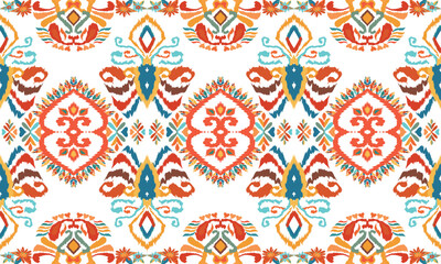 Wall Mural - Ikat seamless pattern, geometric design, motif ethnic handmade, Ikat ethnic tribal, boho colors seamless wallpaper. Ethnic Ikat abstract background art.