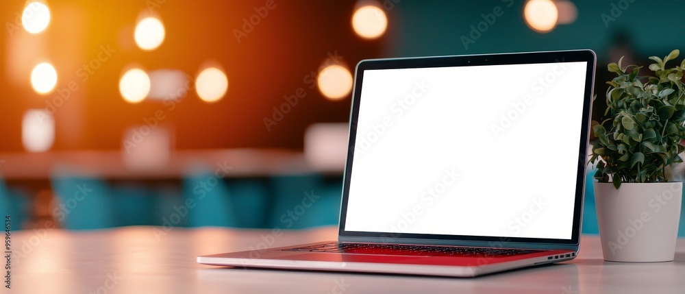 modern laptop with blank screen on a table in a smart city office ...