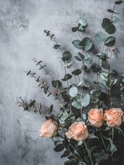Poster - A stylish arrangement of roses and eucalyptus leaves rests beautifully against a subtle concrete backdrop, adding elegance to any space. Generative AI