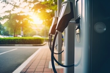 Electric vehicle charging station. Electrical outlet in a natural urban environment.