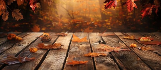 Sticker - Autumn backdrop Thanksgiving festivities Rustic wooden tabletop Space for text. Copy space image. Place for adding text and design