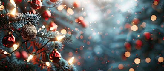 Poster - Spruce branches adorned with Christmas ornaments and lights Selective focus. Copy space image. Place for adding text and design