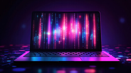 Poster - A laptop with a purple screen displaying a colorful pattern. Concept of creativity and technology, as the colorful display suggests that the laptop is being used for artistic or design purposes